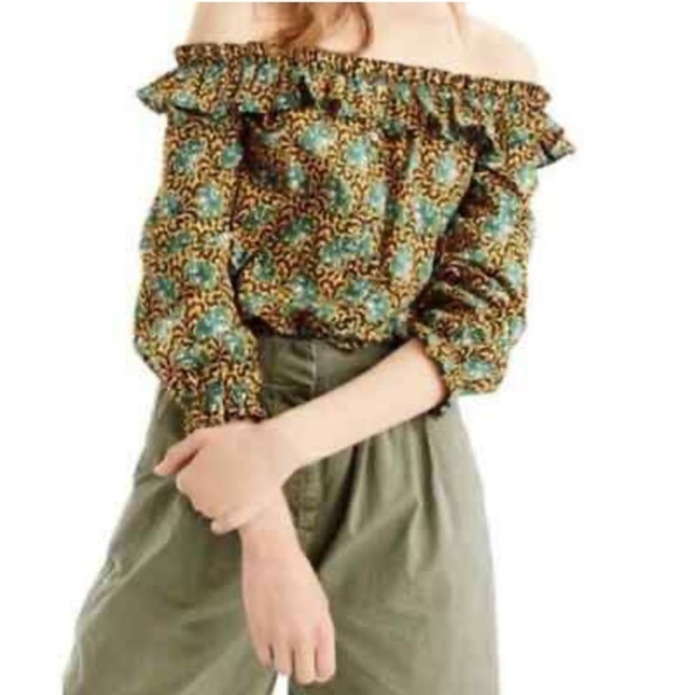 🥑New J. Crew Ratti Elephant Print Ruffle Off-Shoulder Blouse – Boho Luxe